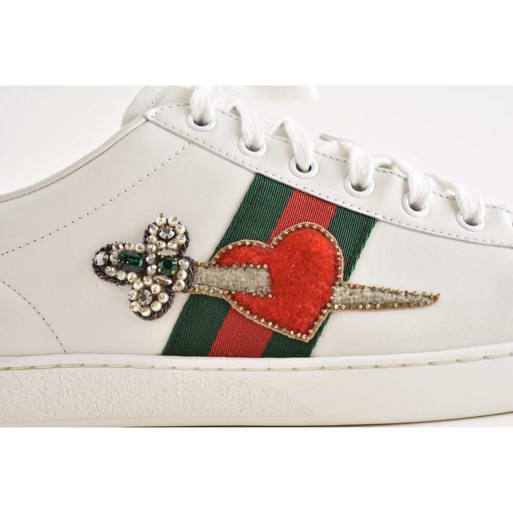 Gucci New Ace White Leather Red Heart Dagger Sword GG Flat Trainer Sneaker 41.5 - Picture 4 of 12